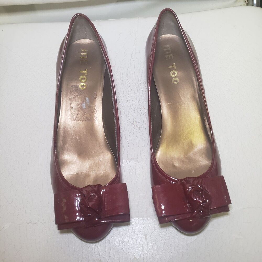 ME TOO RUBY RED PATENT LEATHER BOW HEELS 7M Kitten Heels #B1